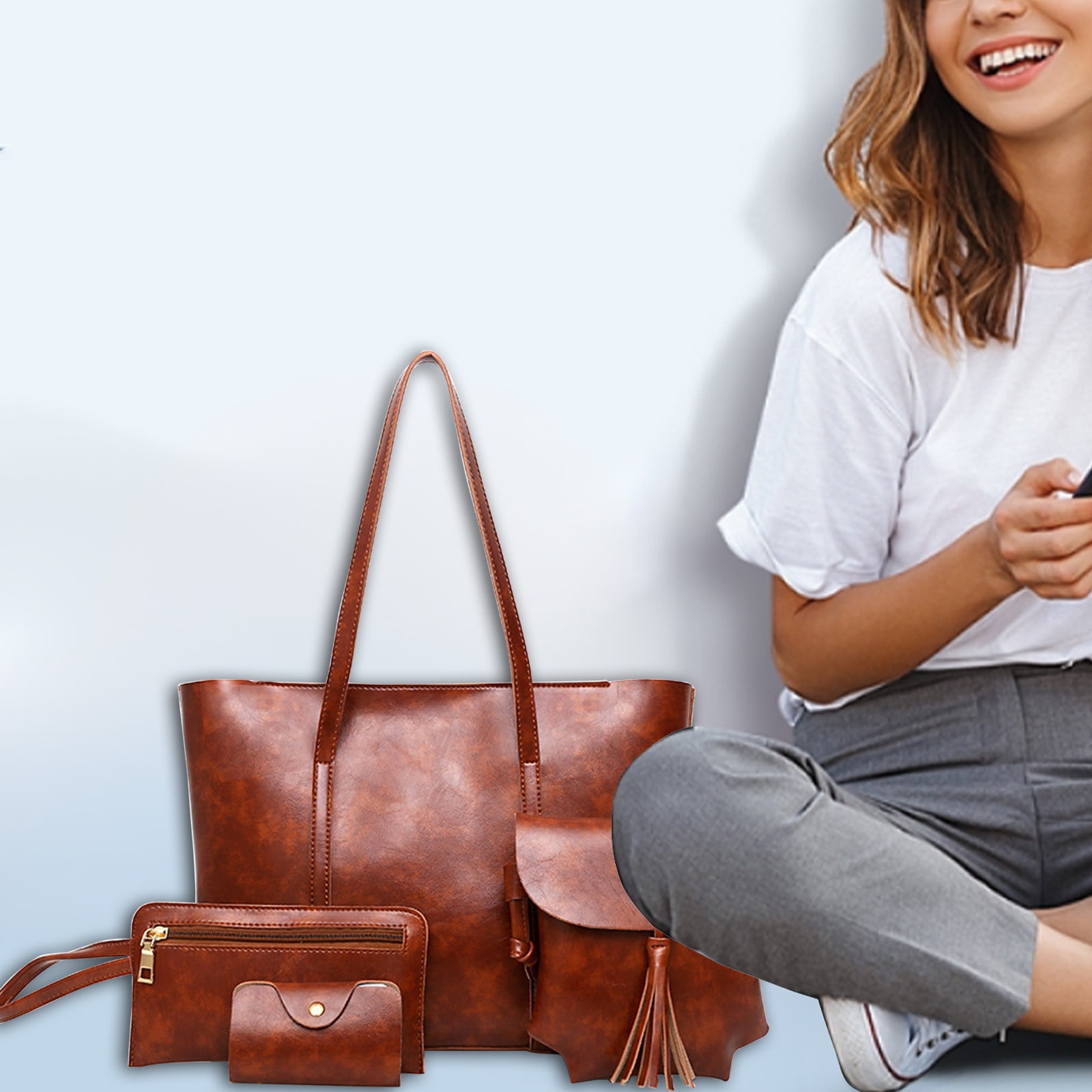 Clearance! Titcea Handbags for Women, Retro Leather Satchel, Tote Bag & Shoulder Bag & Purse & Card Bag Set 4pcs, Gifts for Mom/Her