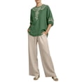 thumbnail image 2 of Ecqkame Two Piece Sets for Women Summer Casual Linen Top and Wide Leg Pants Lightweight Vacation Solid Color Outfit Set Army Green XL, 2 of 9