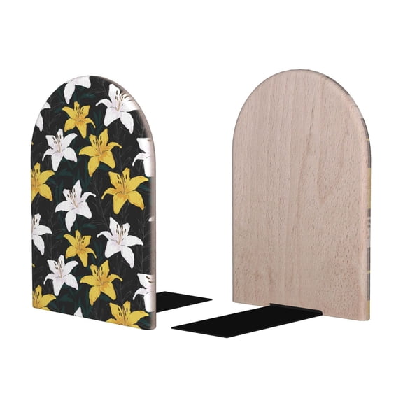 Picia Lilies Flowers Pattern Wood Bookends for Shelves,Non-slip Bookends, Heavy Duty Wooden Bookend Support,1 Pair