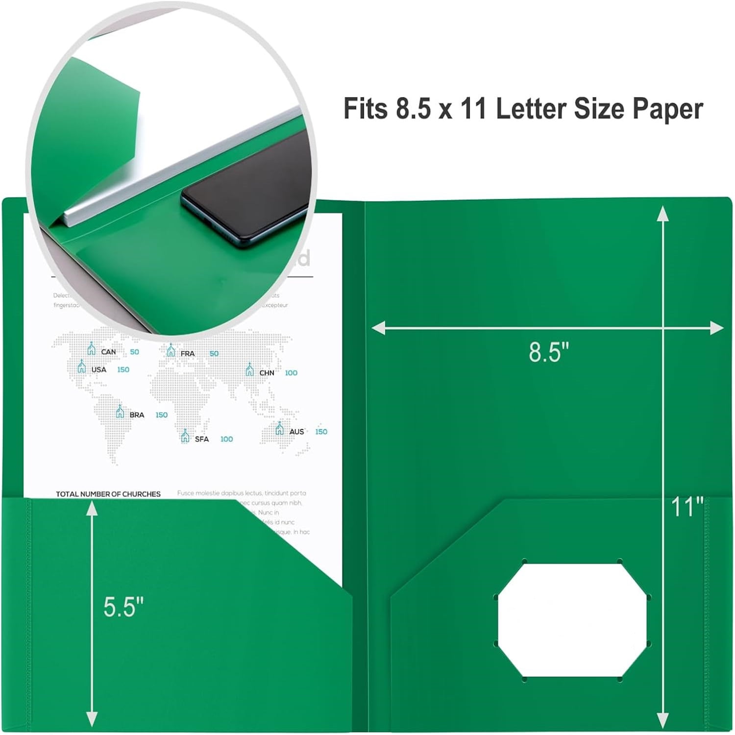 60-Pack Green Plastic Folders with Pockets, Fits 8.5 x 11 Inch Letter Size Papers, Sturdy 2 Pocket Folders, Plastic Pocket Folder for Home School and Office