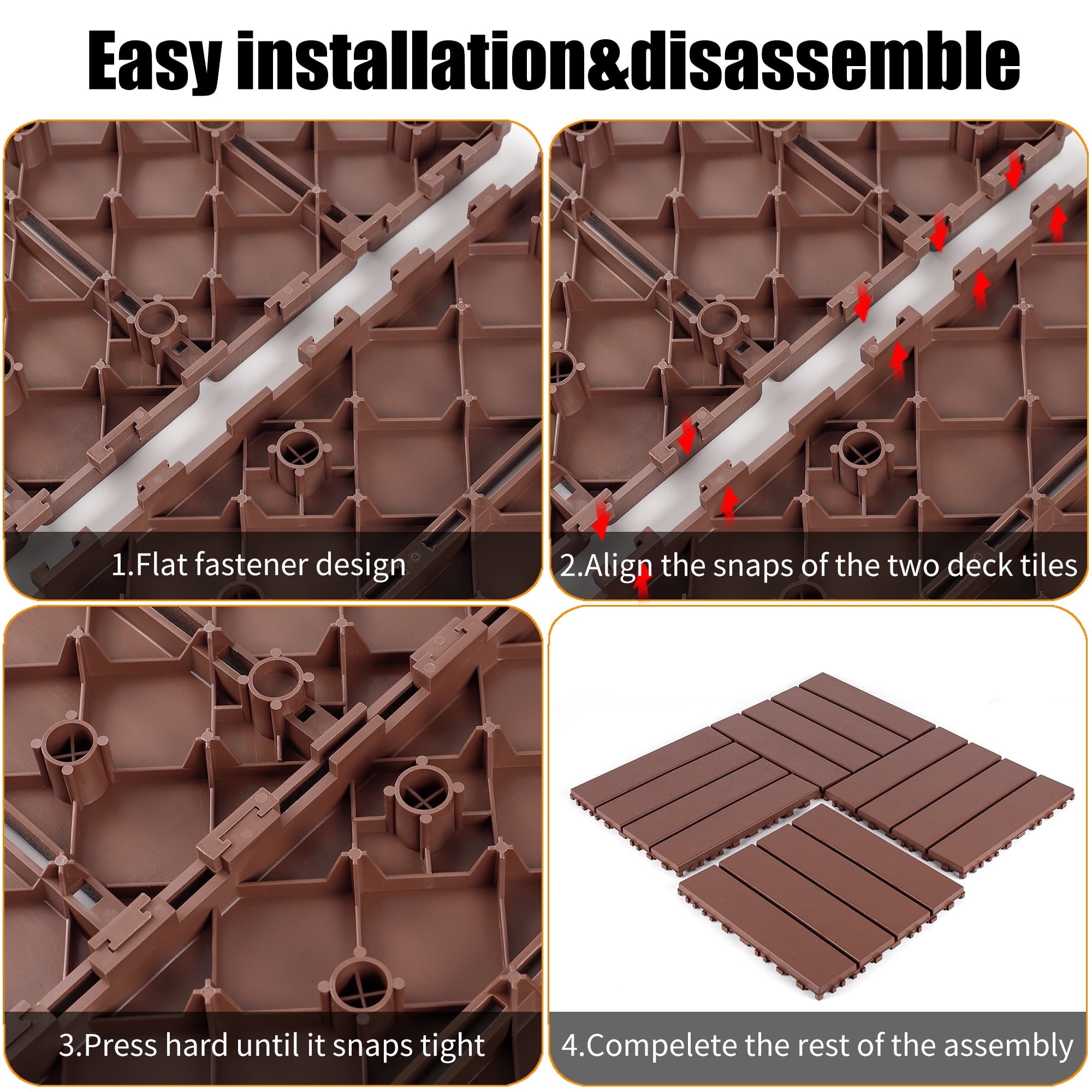 44 PCS Brown Plastic Interlocking Decking Tiles 12"x12" Waterproof All-Weather Floor Tiles for Terrace Backyard Pool Deck Courtyard Balcony Bathroom Indoor Outdoor