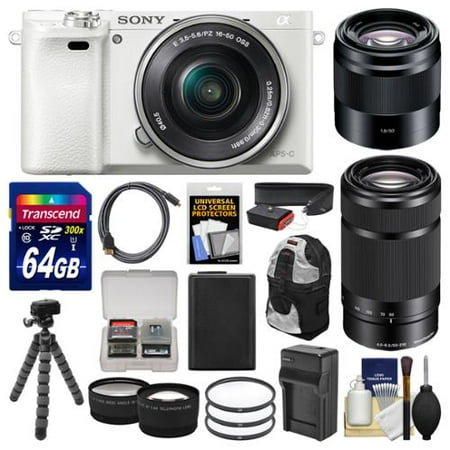 Sony Alpha A6000 Wi-Fi Digital Camera & 16-50mm (White) with 55-210mm & 50mm f/1.8 Lenses + 64GB Card + Case + Battery/Charger + Tripod + Kit