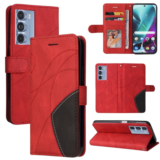 Compatible Motorola Edge S30 Case, Leather Wallet Case Stand View Magnetic Clasp Book Flip Folio Phone Cover - Red