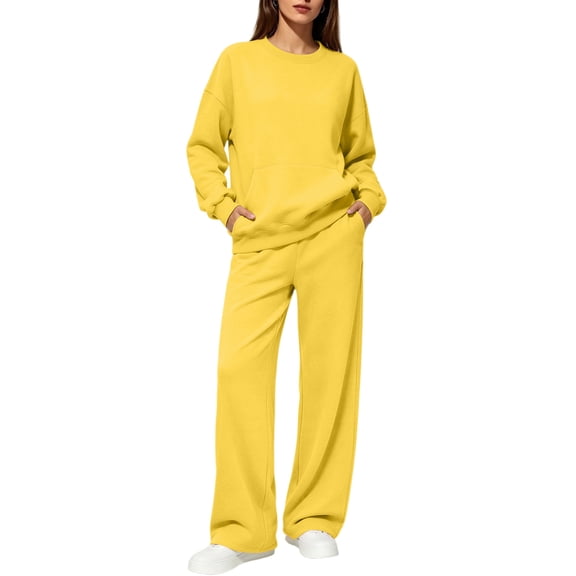 Women's 2 Piece Sweatsuit Set Crewneck Sweatshirt with Front Pocket and Wide Leg Pants Casual Fleece Lounge Set