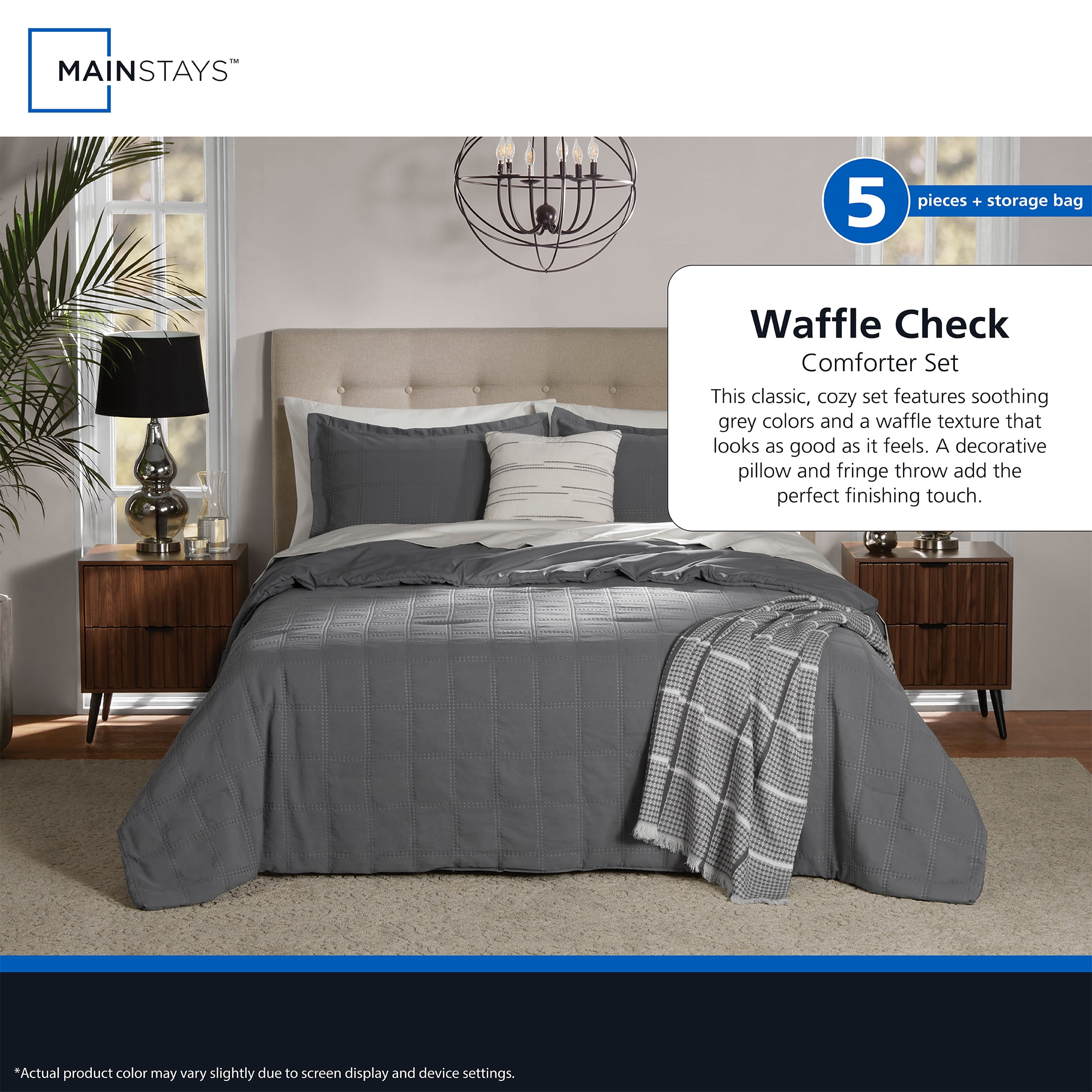 Mainstays Waffle Check 4-Piece Grey Comforter Set, Twin/Twin XL