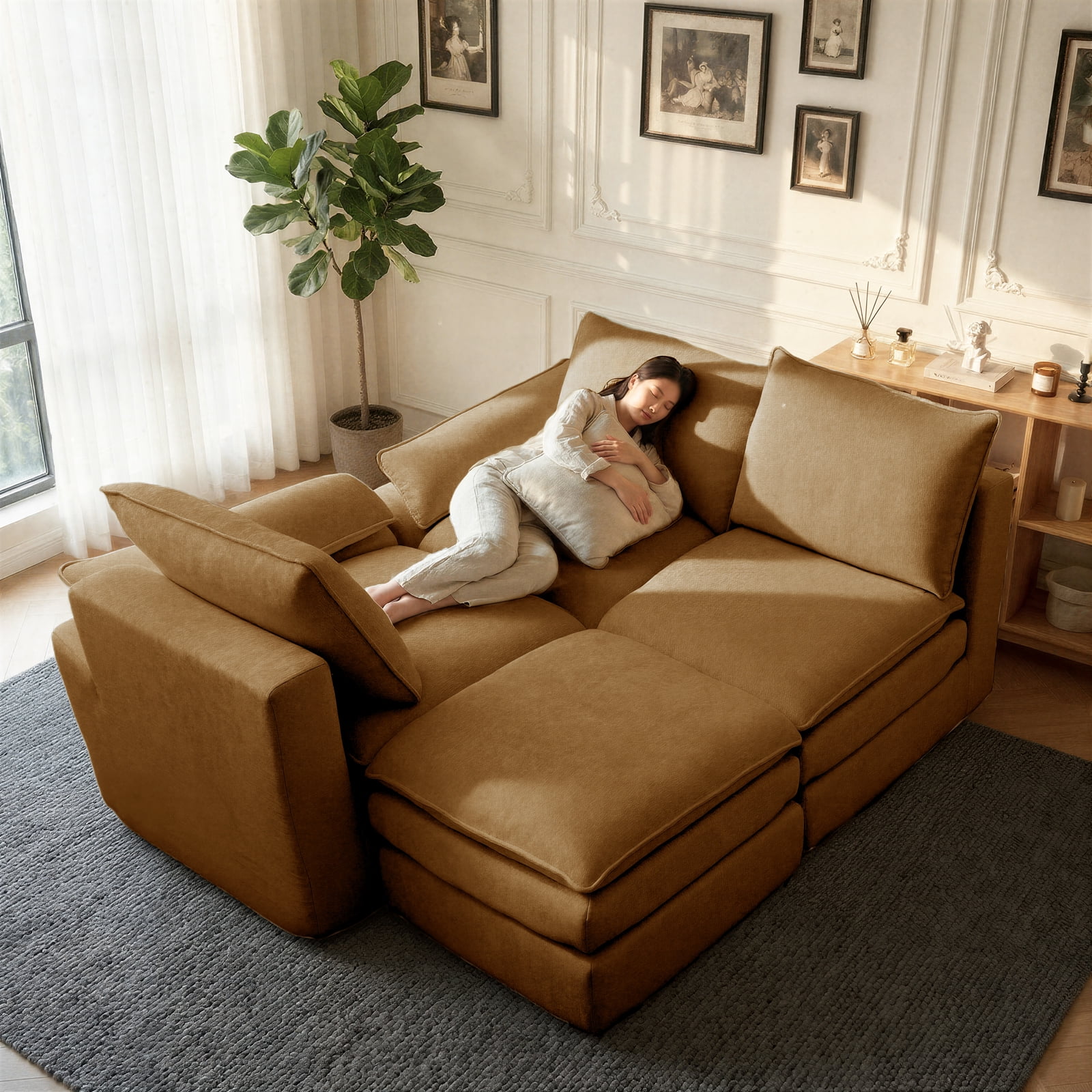 Kelyda 116'' Cloud Sectional Couches L Shaped, Modern Convertible Modular Cloud Chenille Sofa for Living Room Brown