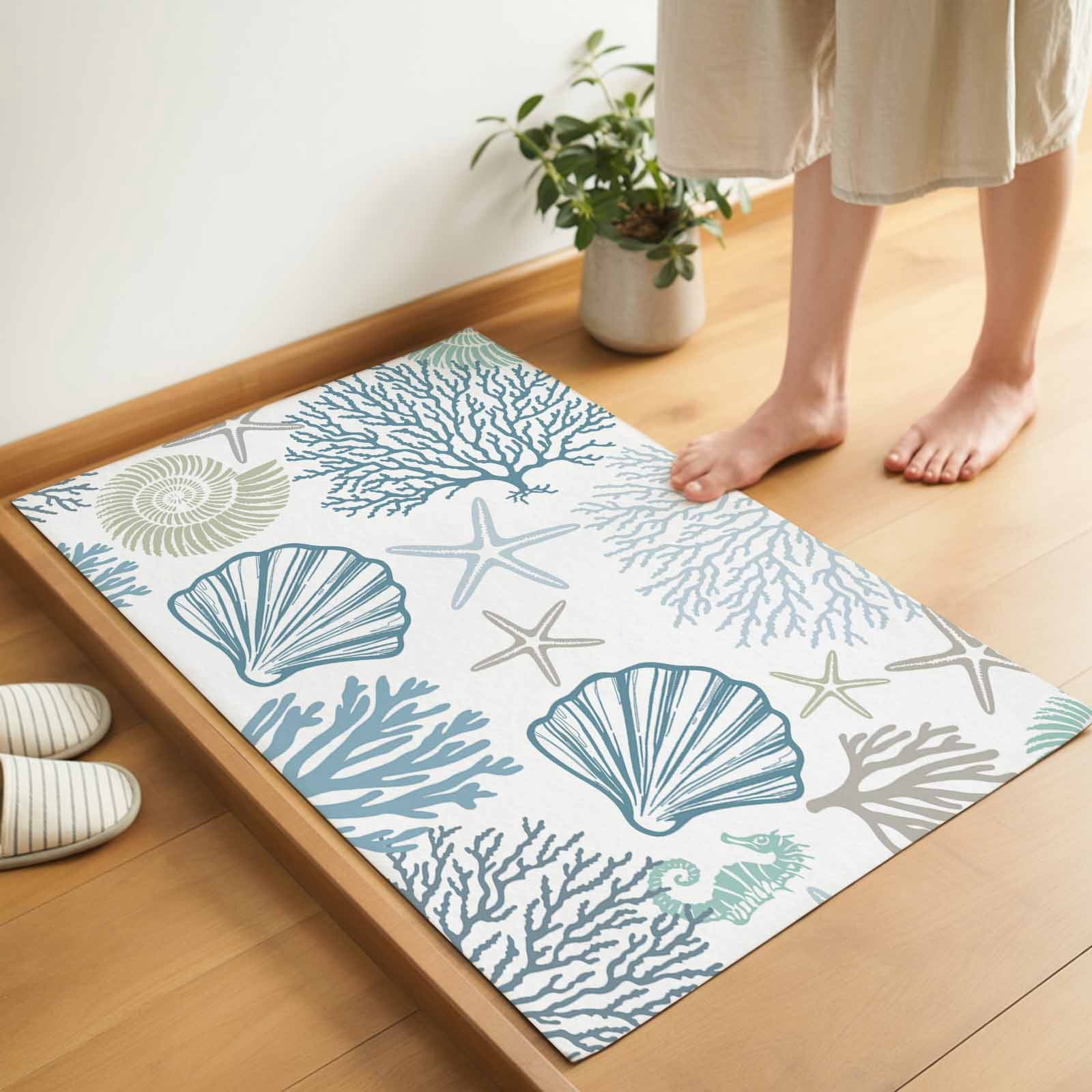 Light Blue Teal Coastal Indoor Door Mat - 16"x24", Non-Slip Welcome Mat for Outdoor, Summer Beach Coral Shell Ocean Front Doormat for Entry, Low-Profile Doormat Entrance Rug for Kitchen/Bathroom
