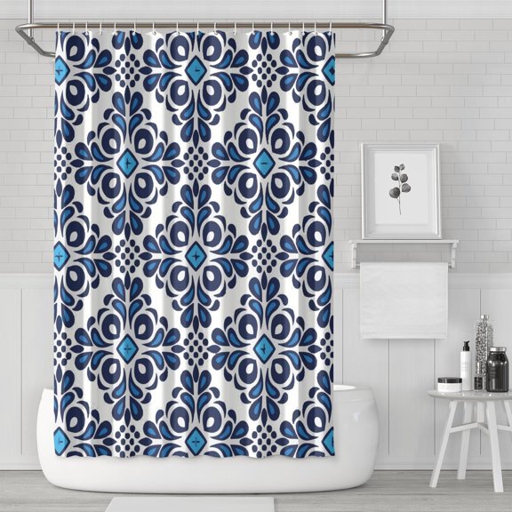 Waterproof Blue Decorative Floral Shower Curtain 72x72 Inch Boho Style Polyester Unique Shower Curtain for Bathroom Hotel Home Decor with 12 Plastic Hooks