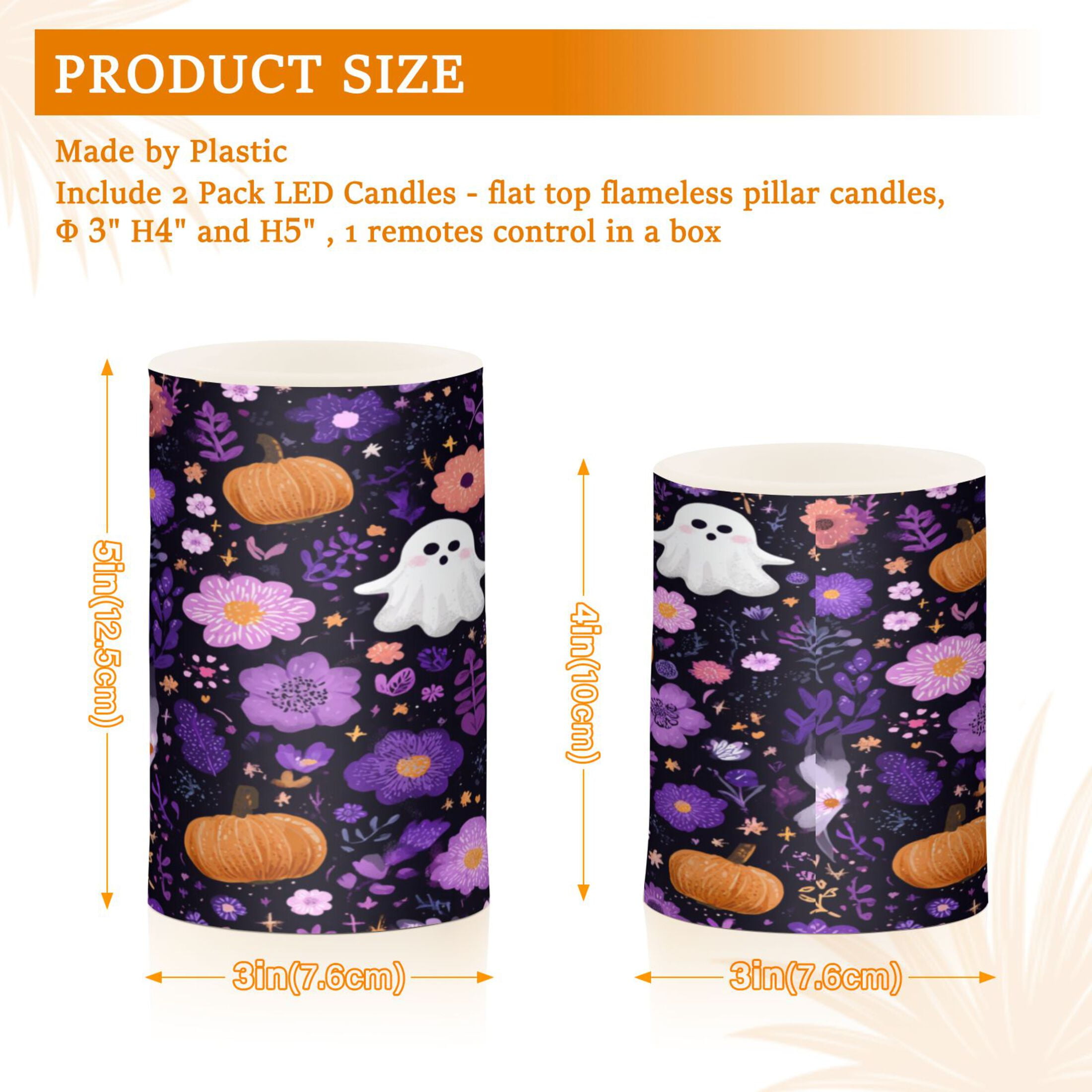 2 PCS Flameless Candles with Remote Timer LED Battery Operated Flickering Candle Light for Wedding Table Home Decoration Gifts Purple Flowers and Pumpkins