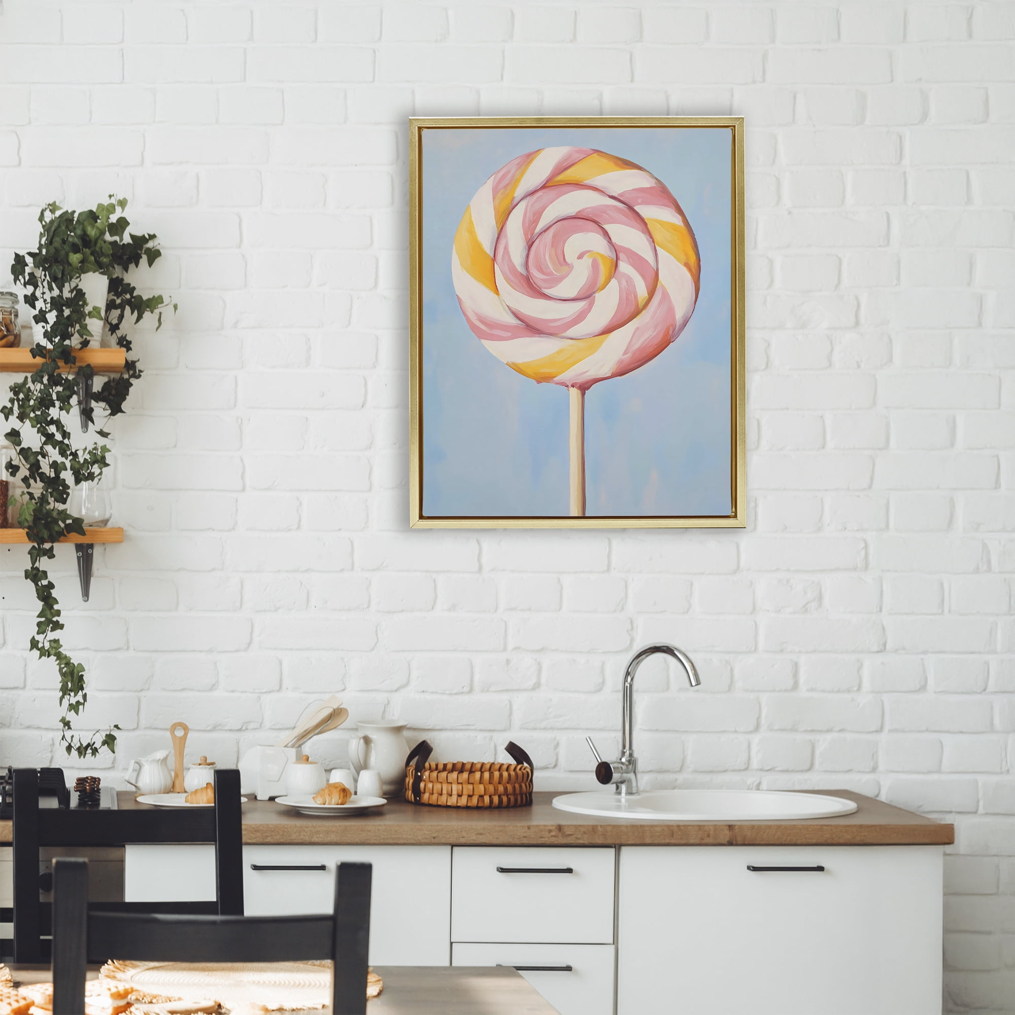 Stupell Industries Lollipop with Pink & Orange Swirl Gold Framed Floater Canvas Wall Art, design by The Prints Vibe