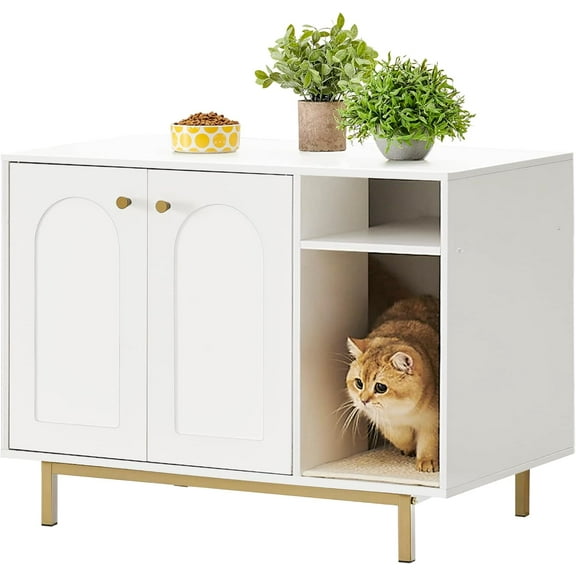 Cat Litter Box Enclosure, Hidden Litter Box Furniture, Wooden Pet House Side End Table, Storage Cabinet Bench for Living Room, Bedroom, 31.5 x 19.7 x 23.9 inches, White and Gold