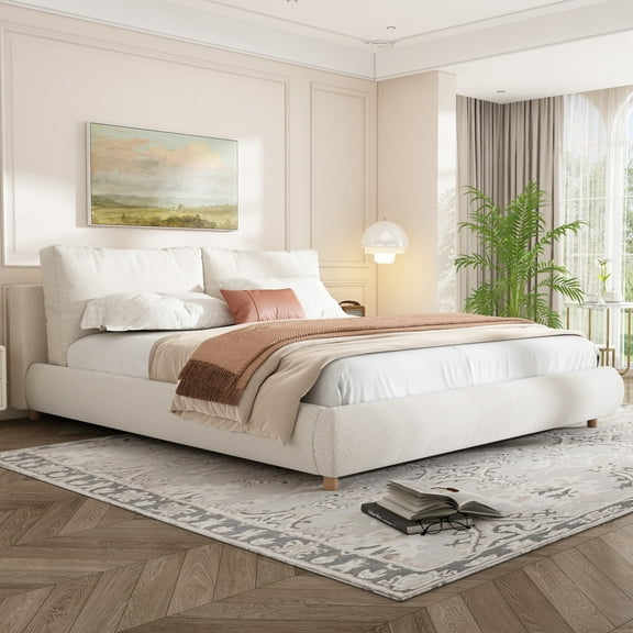 Orion Modern King Upholstered Platform Bed, Boucle Headboard with Removable Pillows, White