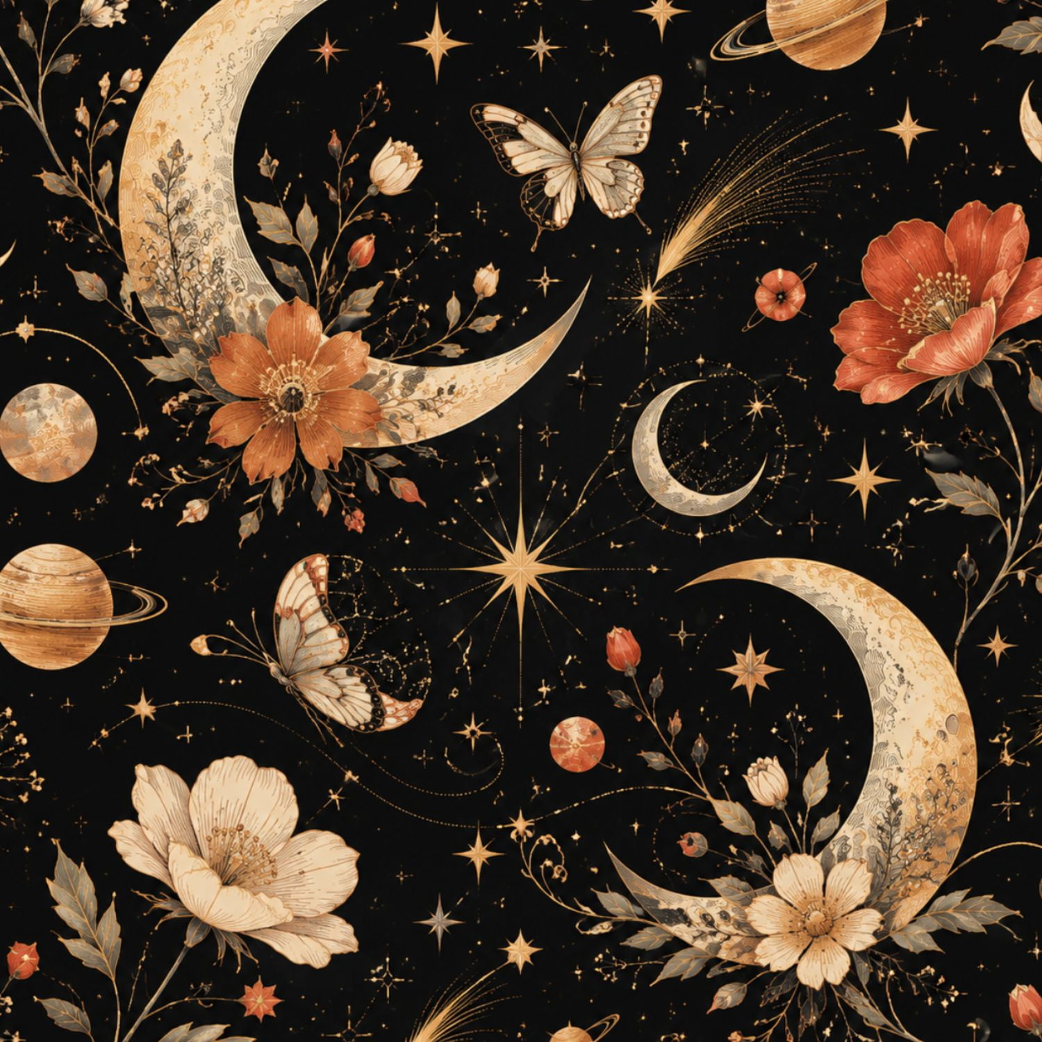 Peel and Stick Wallpaper 17.7in x 9.8ft Celestial Moon Floral Butterflies Stars Black Contact Paper Vinyl Waterproof Self Adhesive Wall Paper for Bedroom Shelf Cabinet Halloween Decor