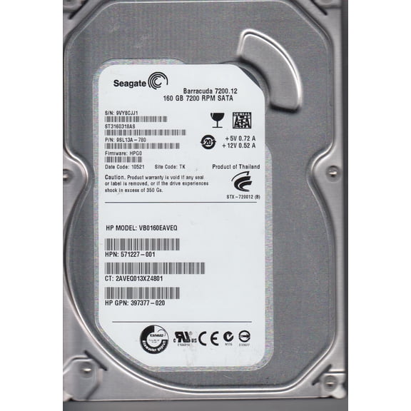ST3160318AS, 9VY, TK, PN 9SL13A-780, FW HPG0, Seagate 160GB SATA 3.5 Hard Drive