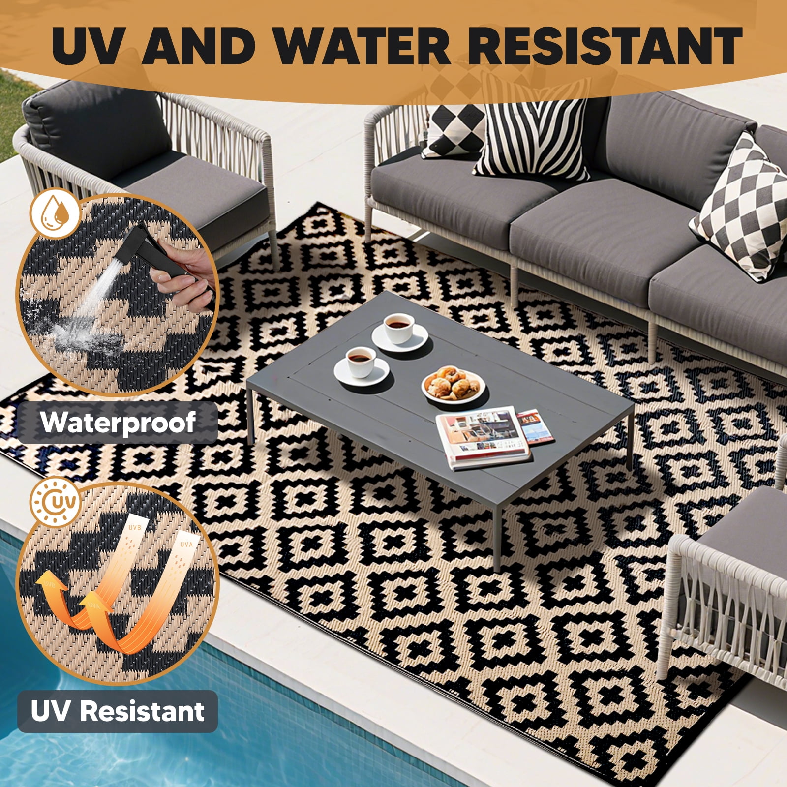 ZRSDIXK 5'×8' Outdoor Rug Waterproof Patio Carpet Outdoor Area Rug Large Plastic Straw Mat for RV Camping Porch Deck Balcony, Black and Brown