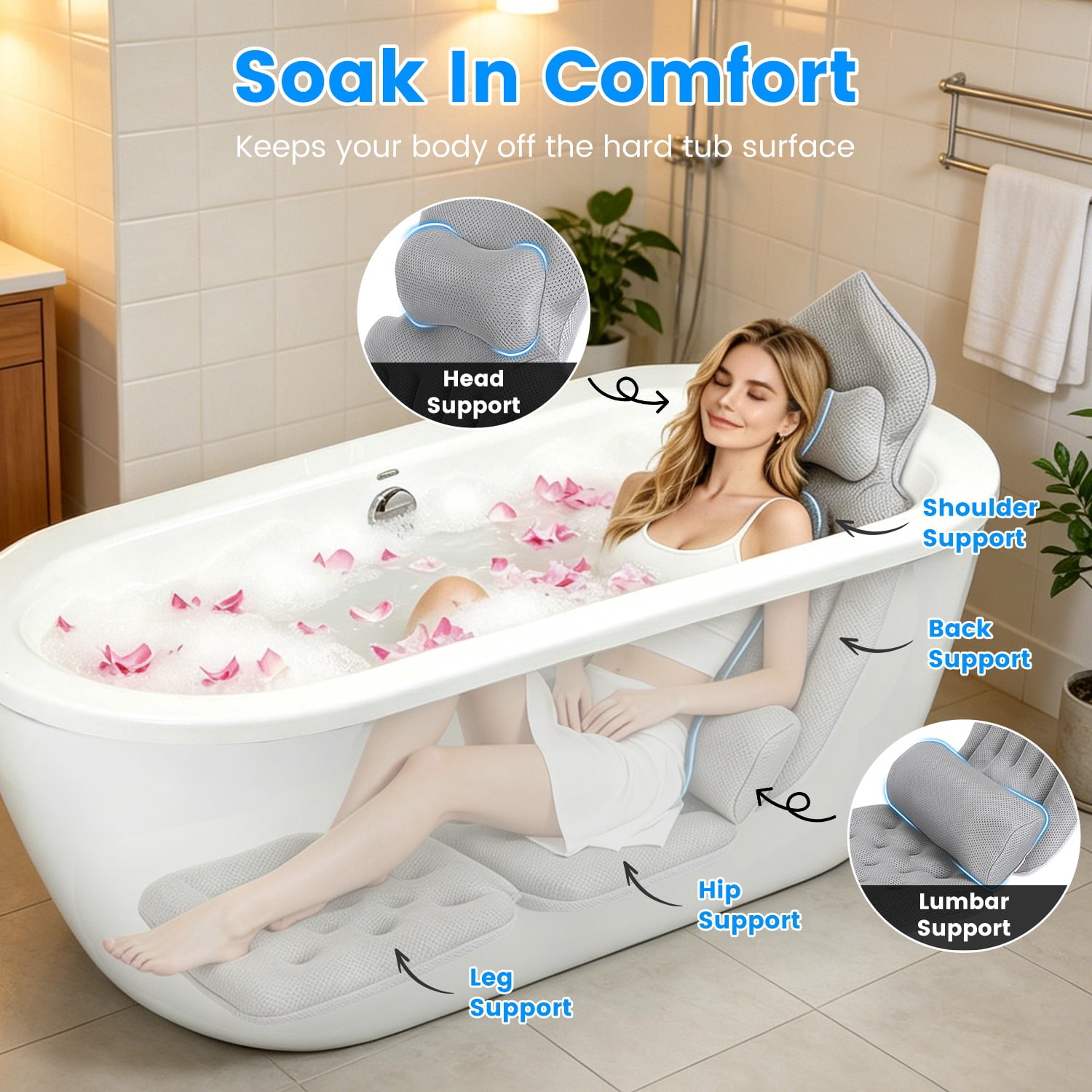 Full Body Bathtub Pillow with Lumbar Support, 4D Honeycomb Mesh Bath Cushion with 192 Suction Cups, Non-Slip Washable Spa Bath Pillow with Hanging Hook