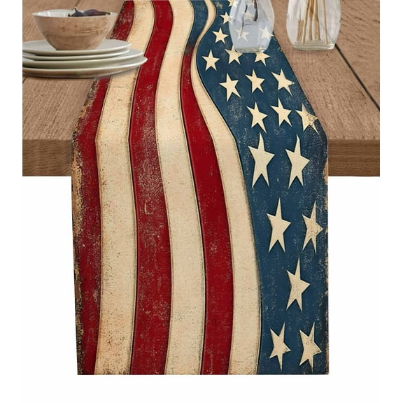 Vintage American Flag Table Runner Blue Red White Star US Flag Tablerunners 13 x 60 Inch, Table Decorations Tabletop Scarf for Summer Gathering Holiday Farmhouse Kitchen Dining Decor