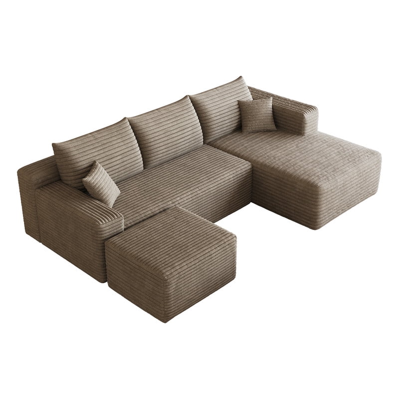 94" Modular Sectional Sofa with Ottoman, Modern Corduroy Cloud Couch with Deep Seat, Upholstered 3-Seater U-Shaped Sofa for Living Room, Right Facing Chaise
