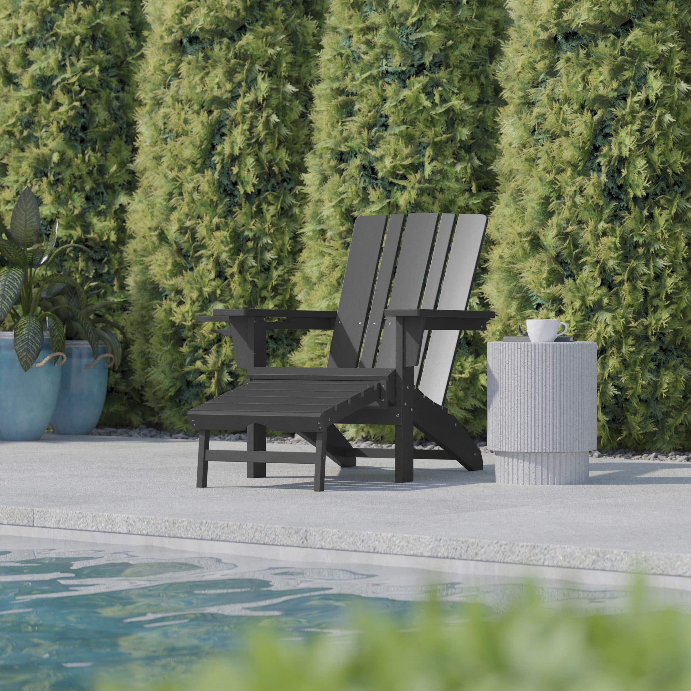 Flash Furniture Halifax HDPE Adirondack Chair with Cup Holder and Pull Out Ottoman, All-Weather HDPE Indoor/Outdoor Lounge Chair in Gray