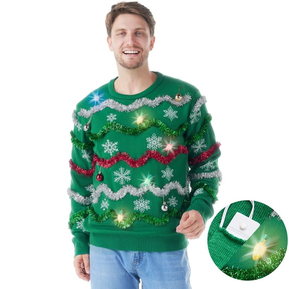 Joyfy Ugly Christmas Sweater Men, LED Light Up Ugly Sweater, Adult Mens Ugly Christmas Sweater with Light Bulbs, Cute Funny Green Holiday Sweaters, Crewneck Knitted Pullovers 2025,M