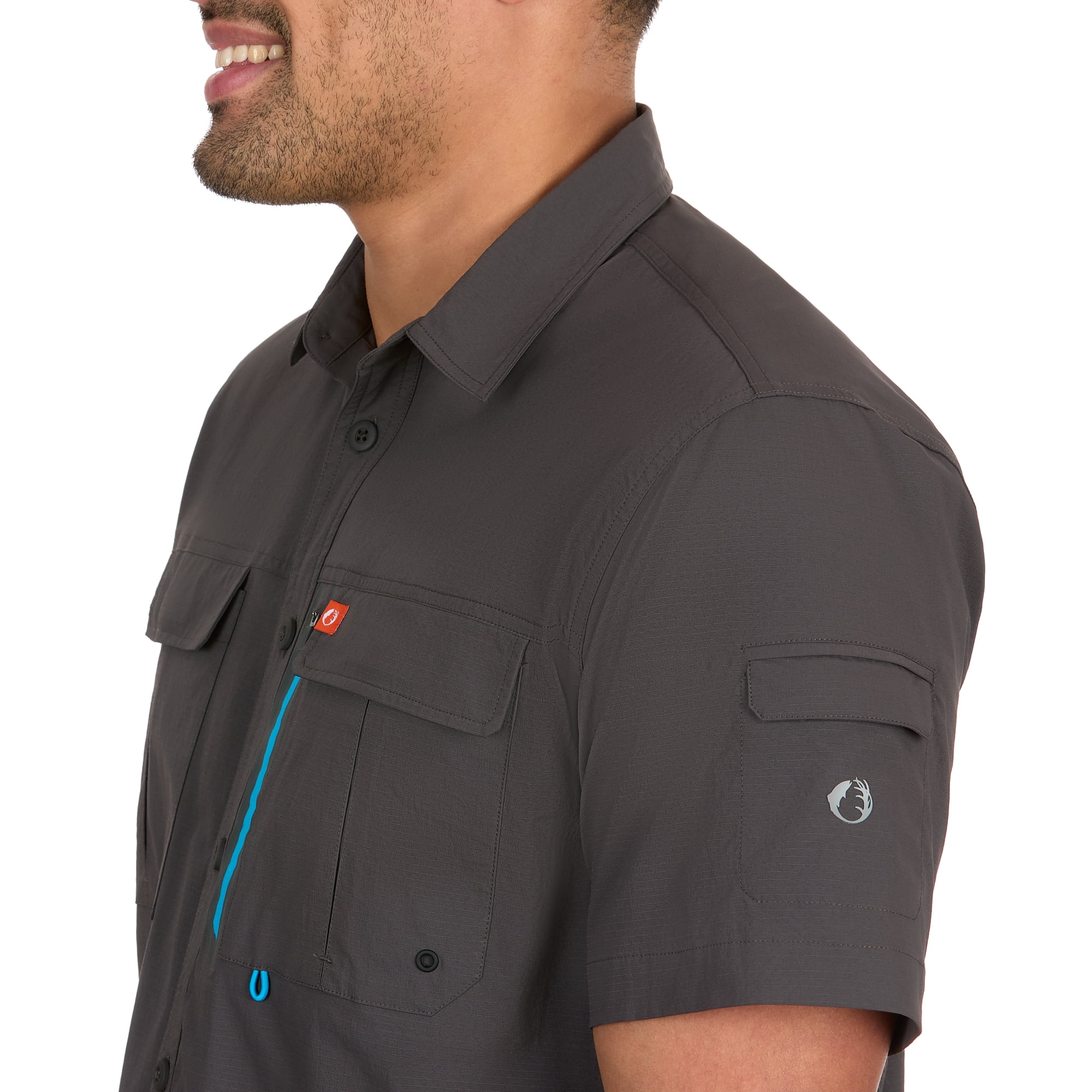 The American Outdoorsman Blackfoot River Fishing Shirt, Short Sleeve - Quick Dry, UPF 30 UV Protection, Modern Fit, Breathable Eyelets and Waterproof Chest Zip Multiple Pocket (Raven, Medium)
