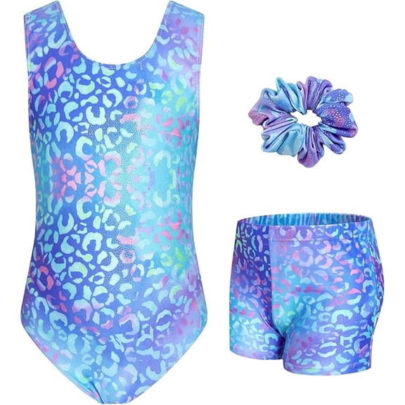 Girls Gymnastics Leotards Sleeveless U Shape Neck, Sparkly Dance Unitards with Shorts and Hair Toddler Leotard for 3-12 Years
