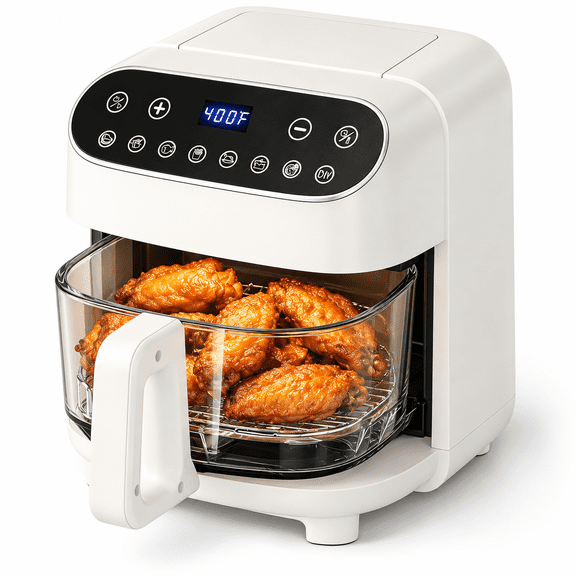 KNDKO 5-Quart Glass Air Fryer, 1550W Countertop Cooker with Clear Cooking View, Touch Controls, 7 Presets, Custom Cooking Mode, 60-Minute Timer and Adjustable Temperature, White