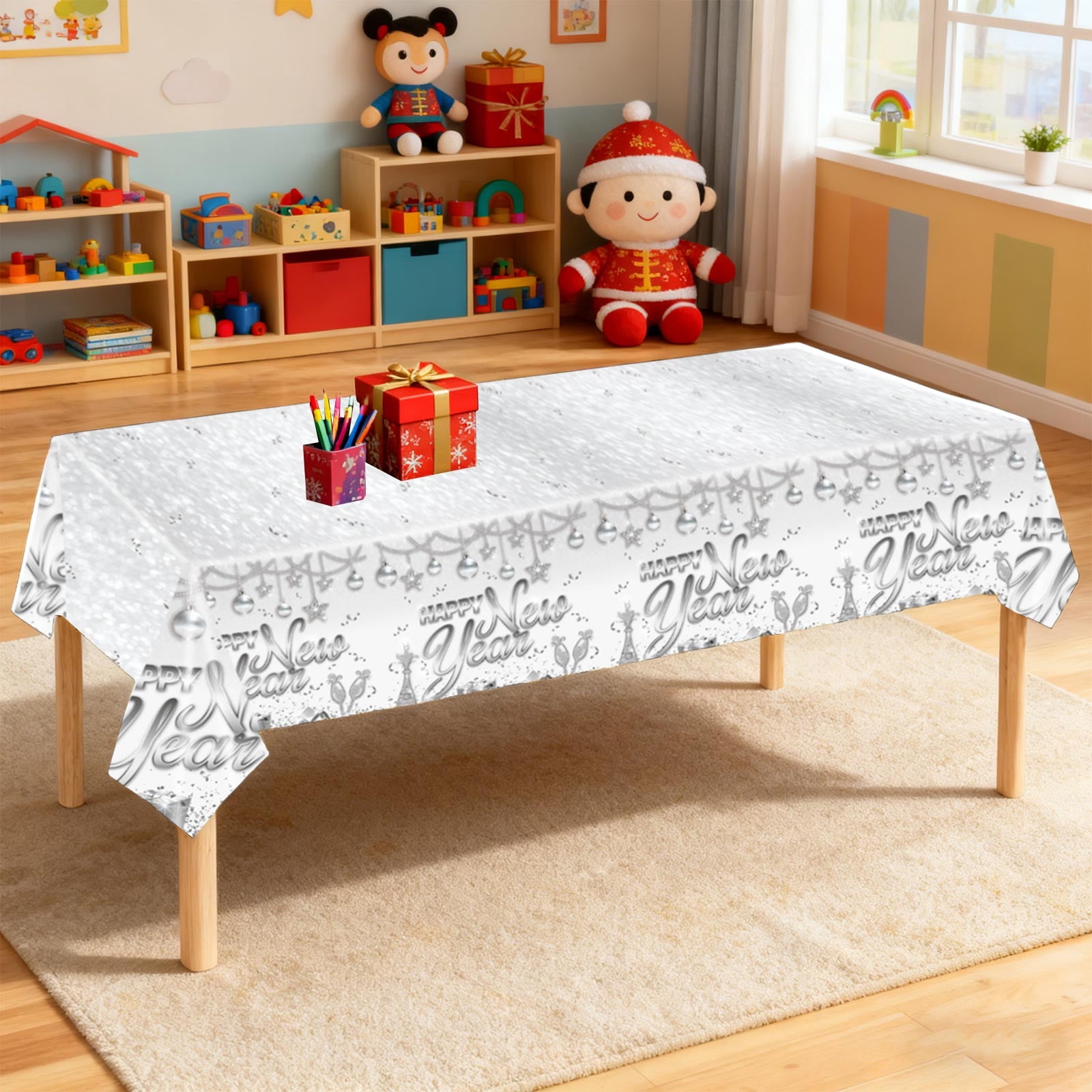 Nappe Nouvel An 2025 2 Pièces – 274 X 137 Cm – PVC Imprimé Bonne Année – Blanc Et Or