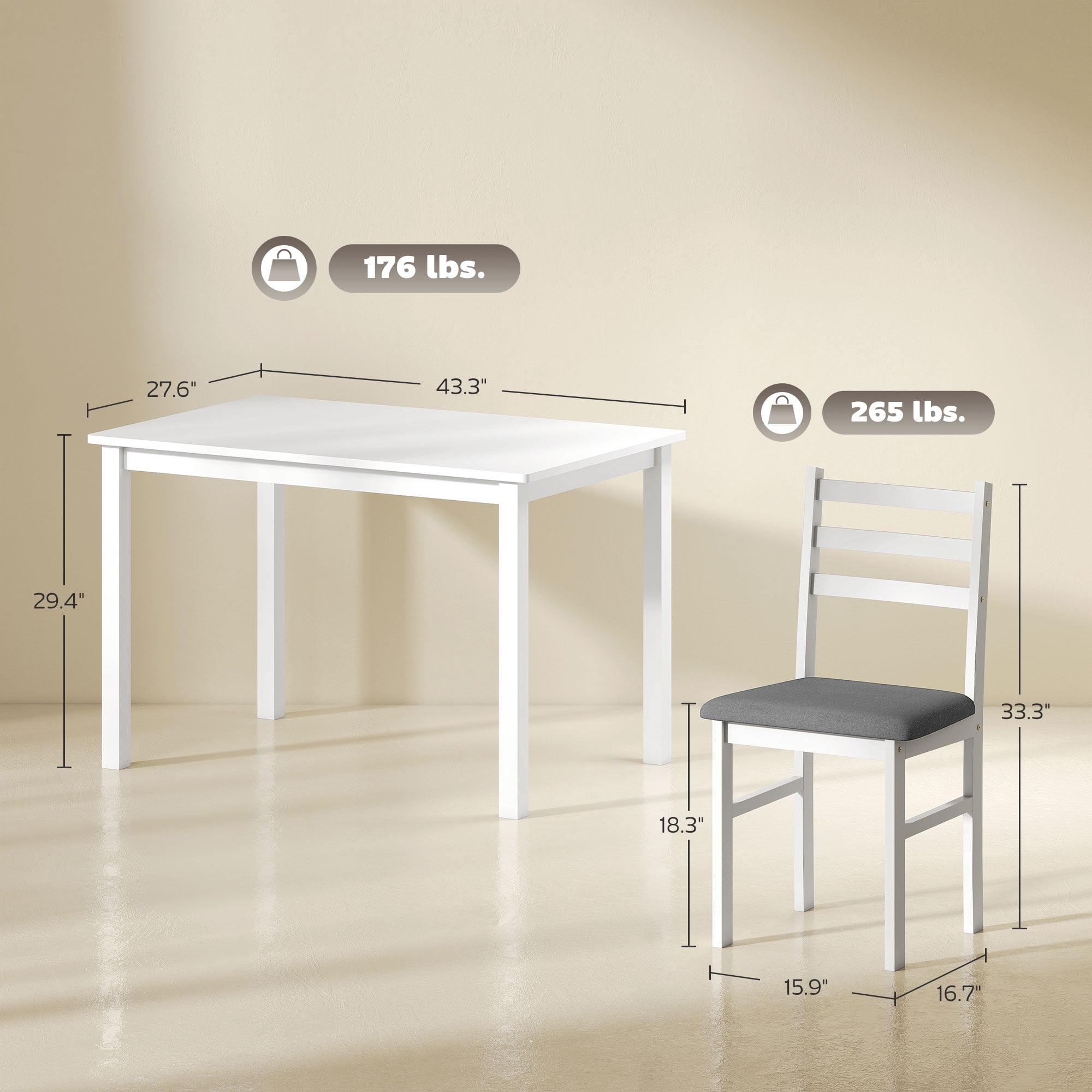 Farmhouse Dining Table and 4 Chairs Set, White/Gray