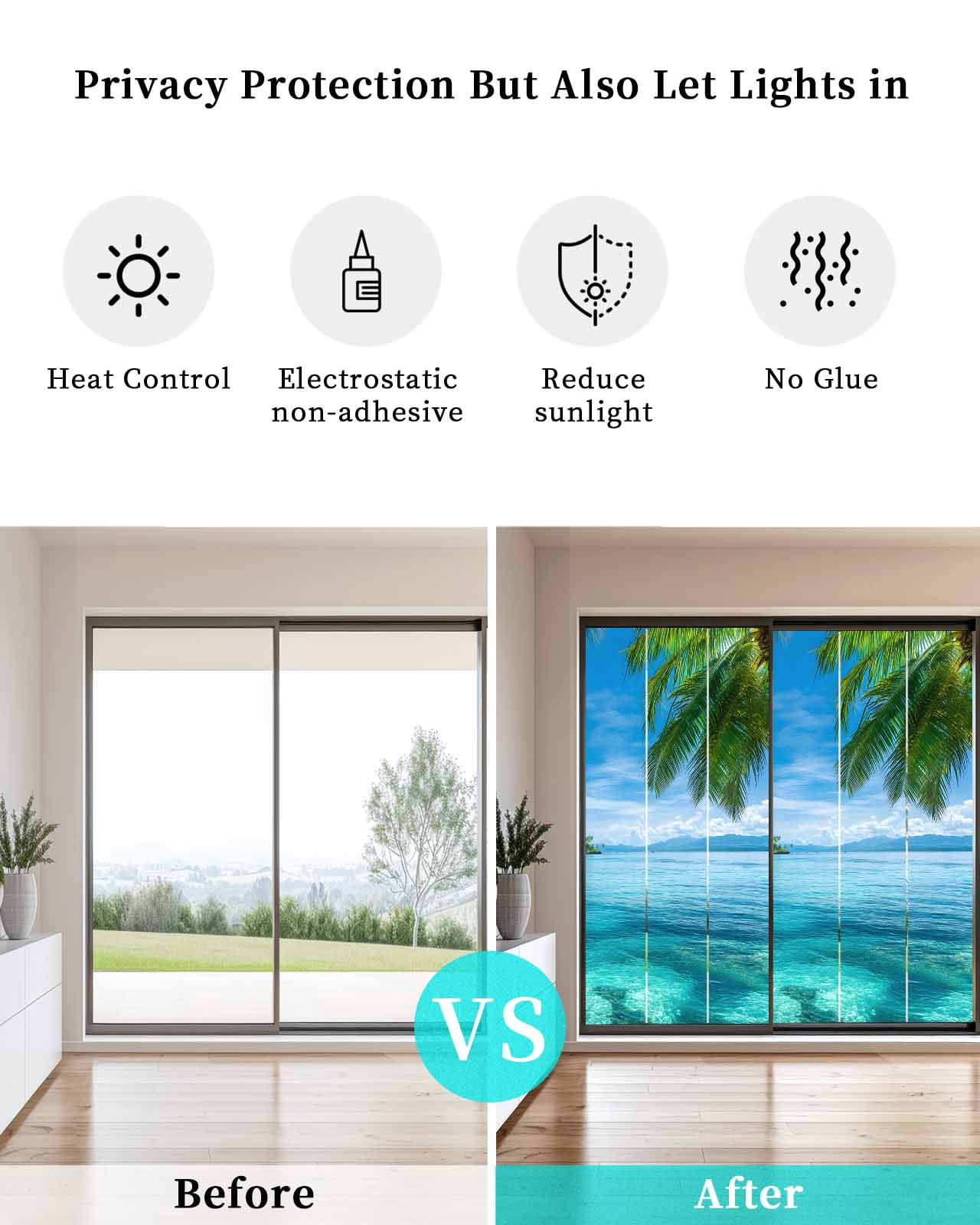 Window Privacy Film Ocean Stained Glass Window Film Decorative Sun Block Window Cover Blue Sky Palm Tree Beach Scenery Forest Shore Window Clings Static Adhesive Sticker for Bathroom 35.4"x78.7"