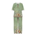 thumbnail image 4 of BLTIBY 2025 Cotton Linen 2 Piece Sets for Women Summer Printed Loose Short Sleeve Round Neck Shirts Wide Leg Pant Matching Set Plus Size Vacation Outfits Green M, 4 of 5