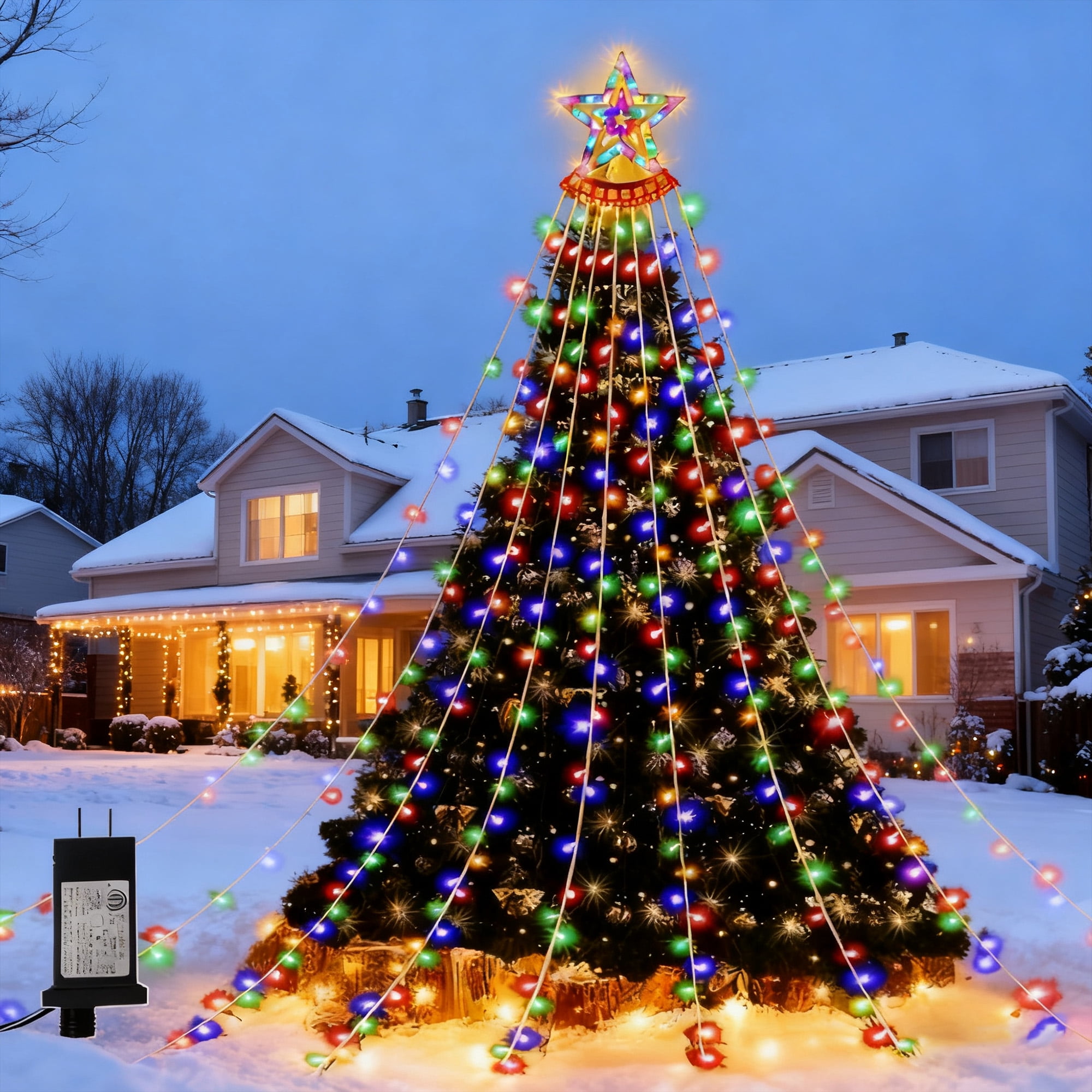 Qunler Outdoor Christmas Decoration Lights, 8 Modes & 350 LED Christmas String Waterfall Fairy Tree Lights Indoor Outdoor Holiday Lighting Decorations, Multicolor, Plug-in