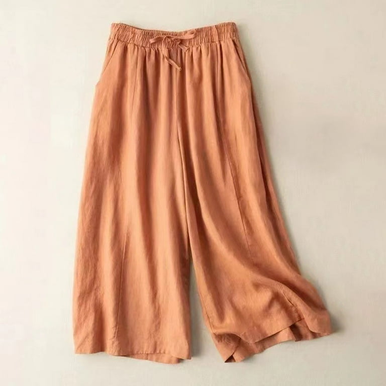 Hesxuno Women's Capri Pants,Summer Clearance Plus Size Cropped Pants  Elastic Waist Straight Wide Leg Pants New Style Solid Color Cotton Linen  Pants Retro Drawstring Frenulum Womens Trousers 