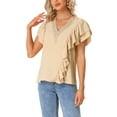 thumbnail image 1 of Unique Bargains Hauts à Manches Courtes pour Femmes Blouse Décontractée Col en V Kaki TP, 1 of 6