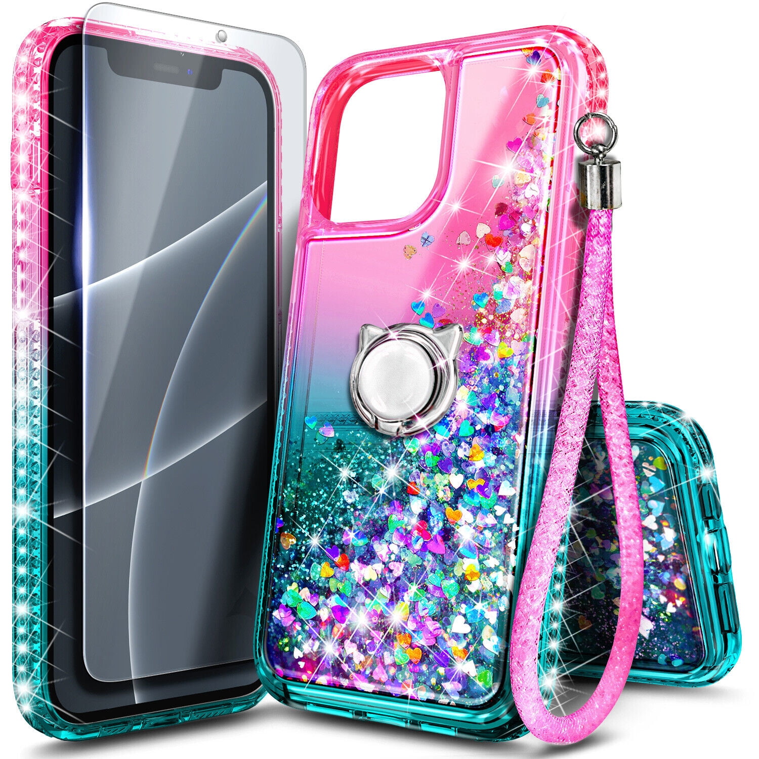 Case for iPhone 14 Plus, Moving Liquid Holographic Glitter Case with Kickstand, Women Slim Protective Case, Pink&Green