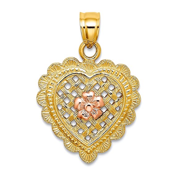 16mm 14k Two-tone Gold Pink Flower Basket Weave Love Heart Pendant Necklace With Scalloped Edge Pendant for Women