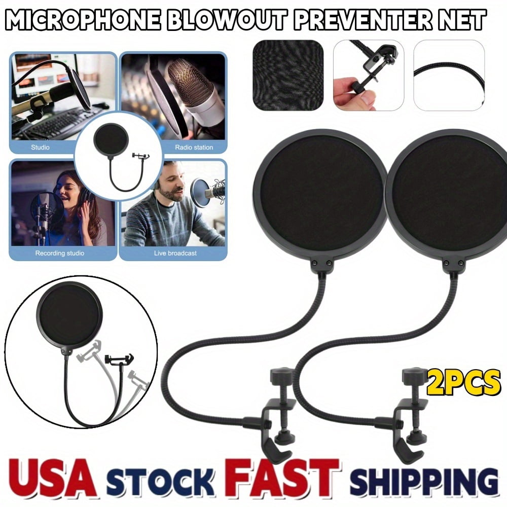 2pcs Black Double-Layer Mesh Microphone Pop Filter - Ideal for Voice Recording And Live Streaming, Includes 360° Adjustable Gooseneck Clamp Stabilizer Arm, Compatible with Microphones