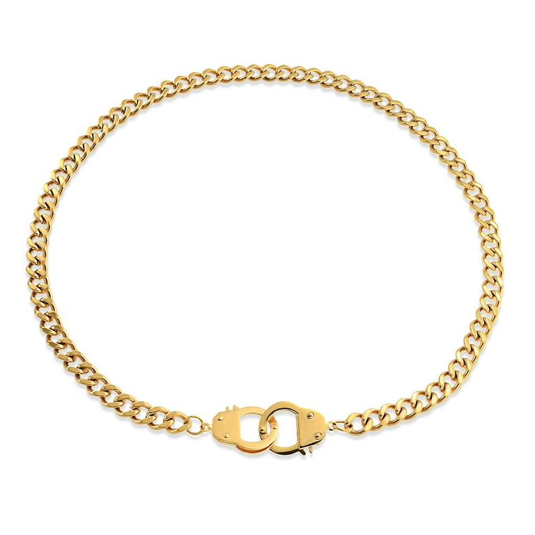 Large Mens Biker Jewelry Rock Handcuff Necklace Gold Plated