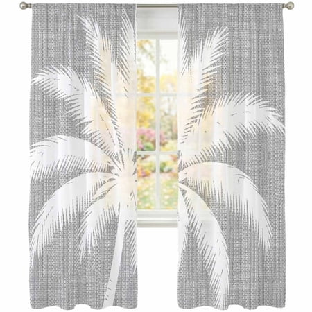 Light Grey Palm Tree Sheer Curtains 96 Inches Long 2 Panels Summer Country Vintage Tropical Coastal Tree Leaf Semi Sheer Rod Pocket Window Curtains Light Filtering Drapes for Living Room Bedroom