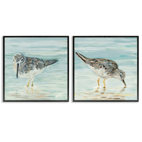 Stupell Industries Piping Plover Shoreline Birds Animals Painting Black Framed Art Print Wall Art, 12 x 12, Set of 2