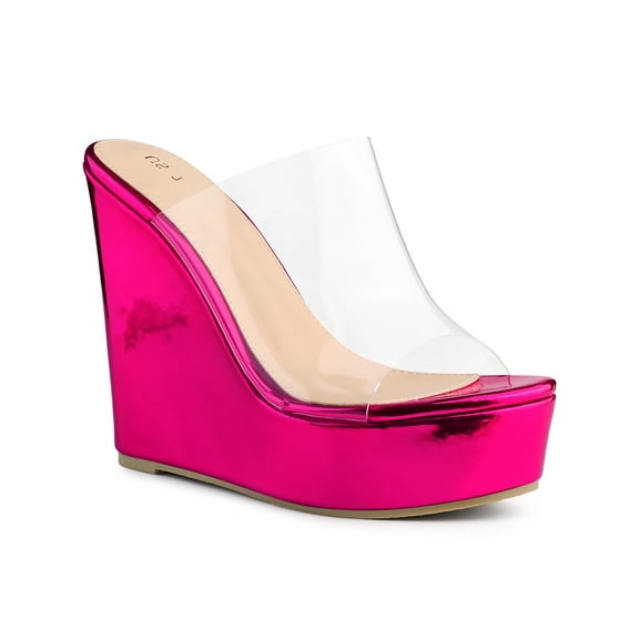 BLISSFUL STEP Platform Clear Strap Wedge Heel Slide Sandals for Women Hot Pink 7