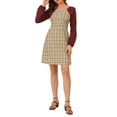 thumbnail image 2 of INSPIRE CHIC Women's Retro Long Sleeve Square Neck Cute Party A-Line Plaid Dress Burgundy S, 2 of 6