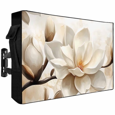 Retro Magnolia Outdoor TV Cover 52 to 55 inch White Floral Vintage Pastoral Style Waterproof Dustproof TV Covers for Outside with Zipper Remote Control Pocket Flat Screen Protectors