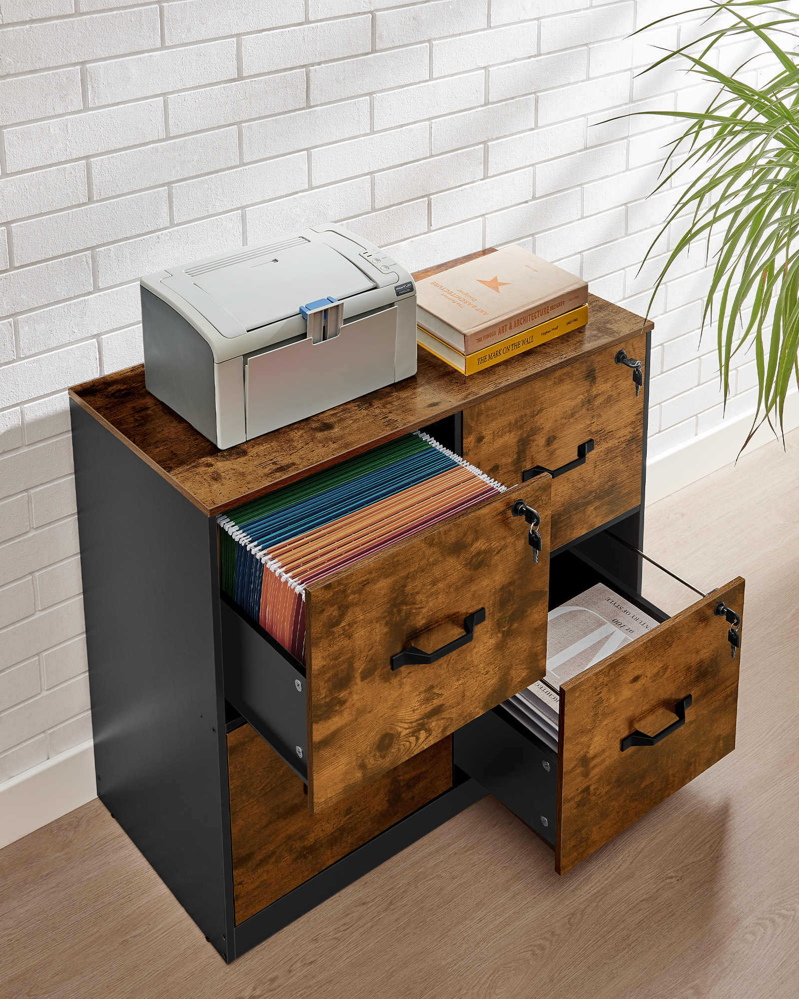 4-Drawer File Cabinet Filing Cabinet Printer Stand Adjustable Hanging Rail for A4 and Letter-Size Files, Rustic Brown