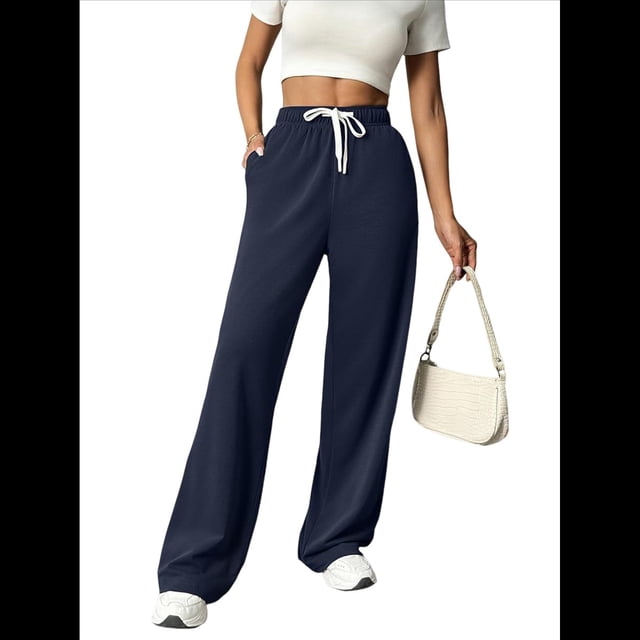 Pantalones Deportivos Holgados de Cintura Alta con Cordón Ajustable para Mujer, Pantalones Deportivos de Pierna y Bolsillos Azul Oscuro L