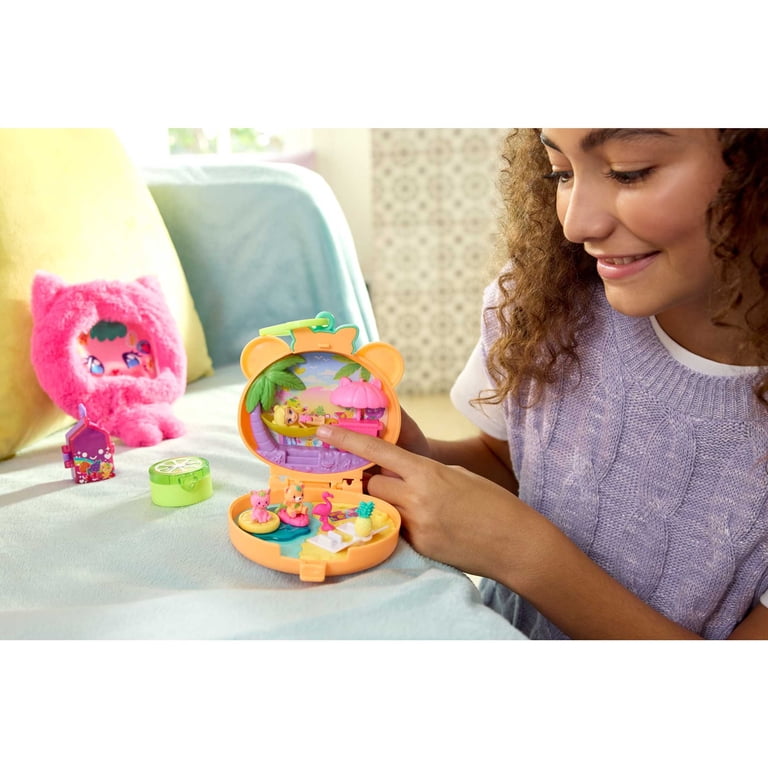 Polly Pocket Plushie Bear Compact, Doll & Keychain Playset with