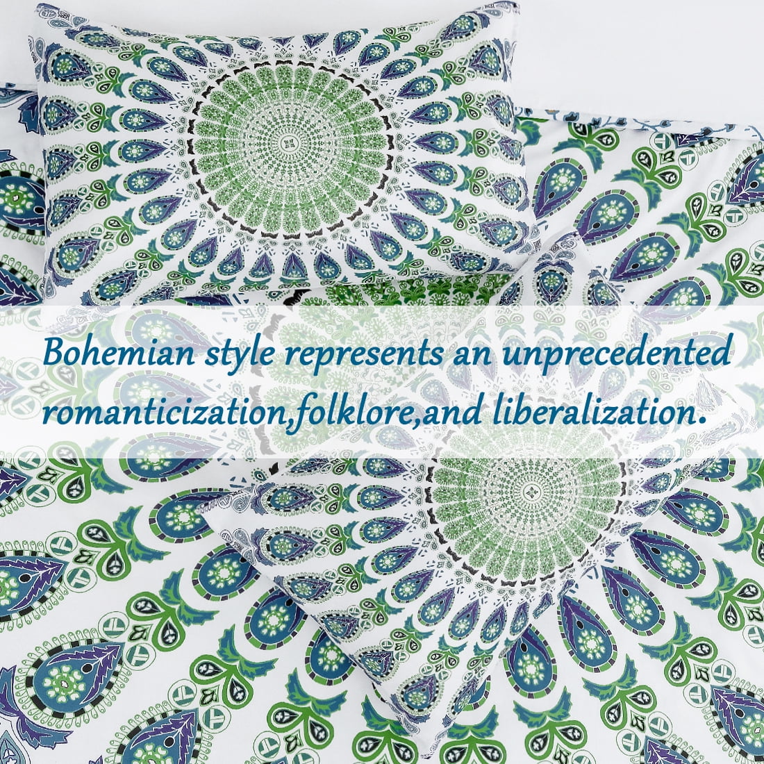 5-piece Bohemian Duvet Cover Polyester Bedding Set White and Green Queen