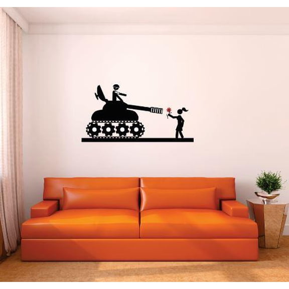 Vinyl Wall Decal Sticker : Peace Military Tank Little Girl With Flower Soldier Bedroom Bathroom Living Room Picture Art Peel & Stick Mural Size: 10 Inches X 20 Inches -