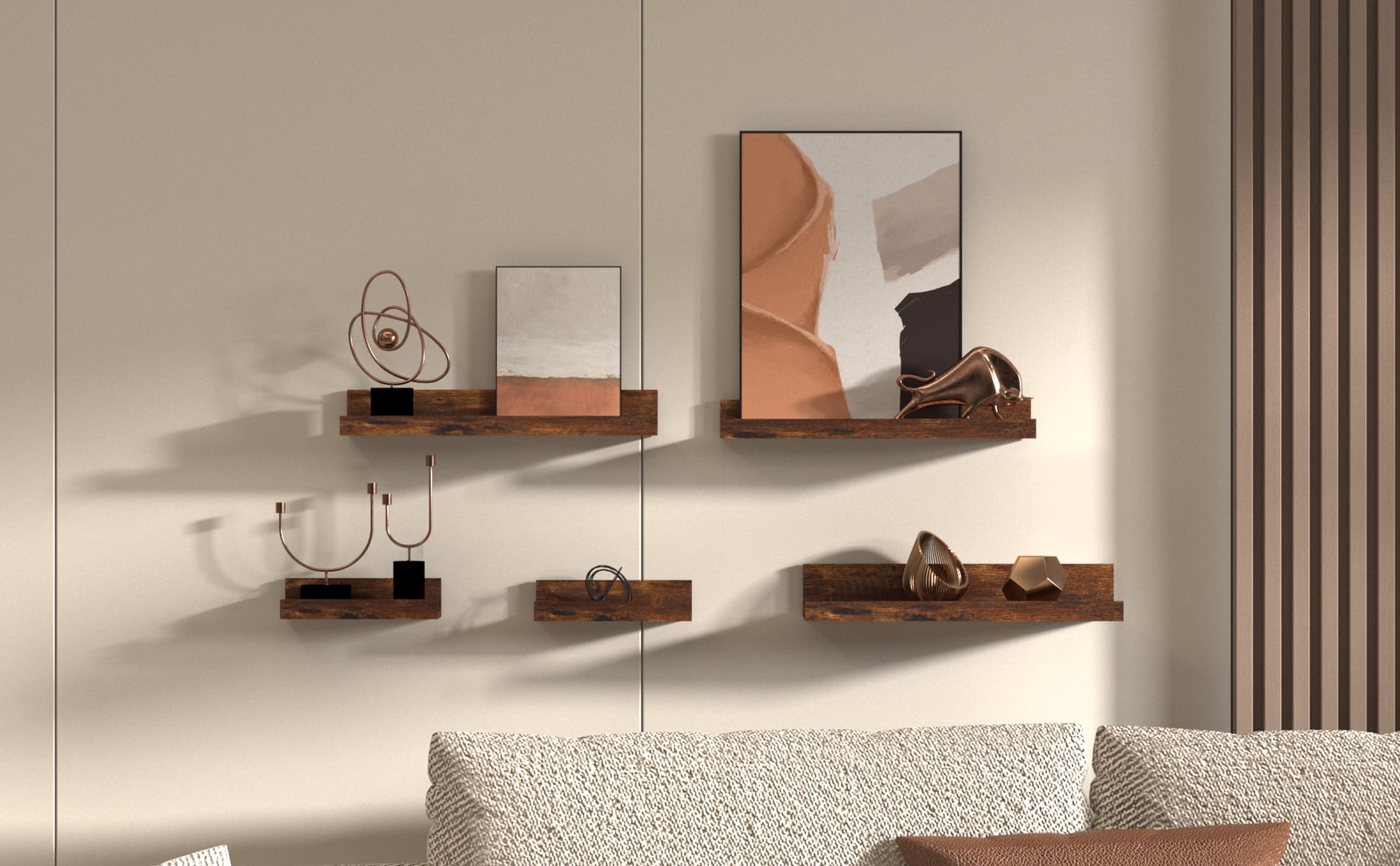 Floating Wall Mounted Shelves Set of 5, Rustic Small Picture Ledge for Bathroom, Bedroom, Kitchen, Living Room Storage and Decoration, Brown