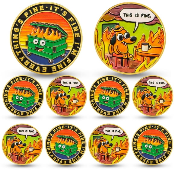 10pcs Colorful Dumpster Fire Challenge Coin - This is Fine Mini Dumpster Fire Coin - Hilarious Funny Desk Accessories for Work - Gold Coworker Go Away Toke